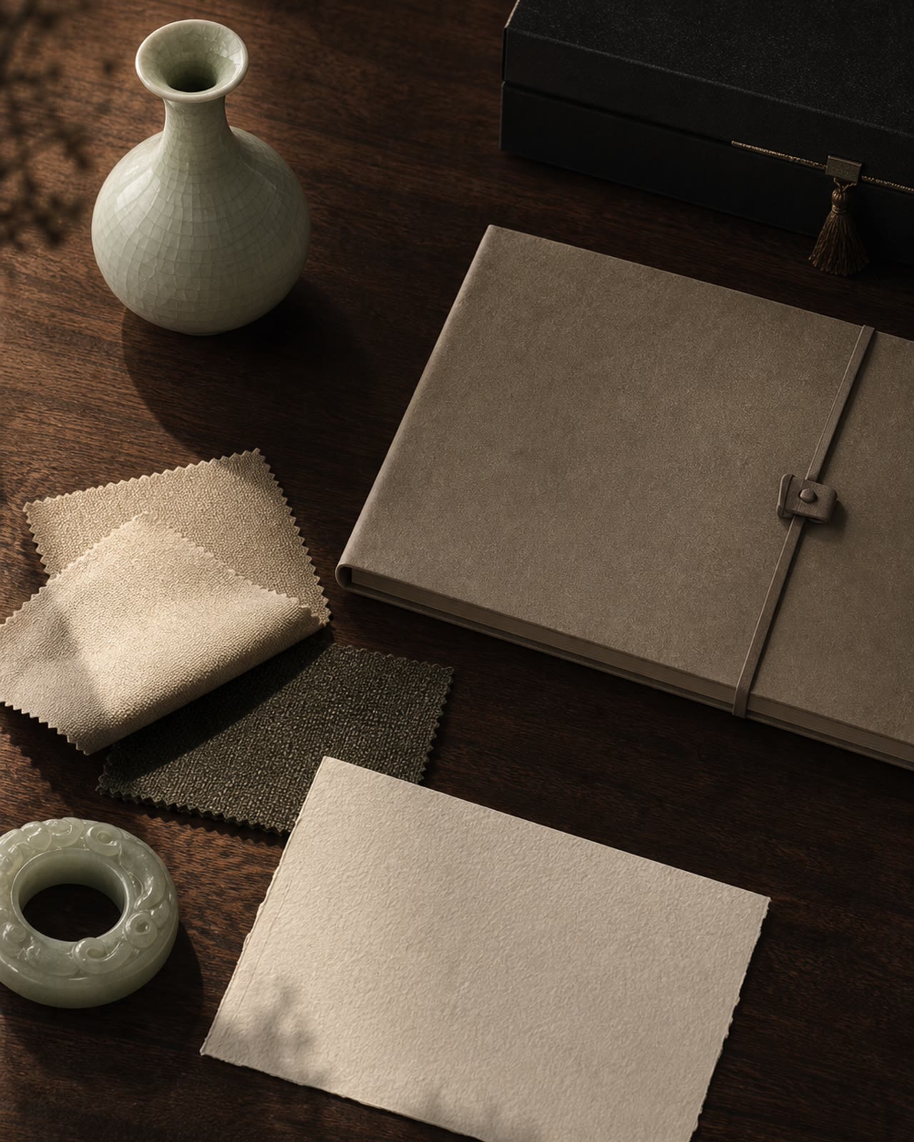 A private atelier table arranged with sourcing notes and material references.