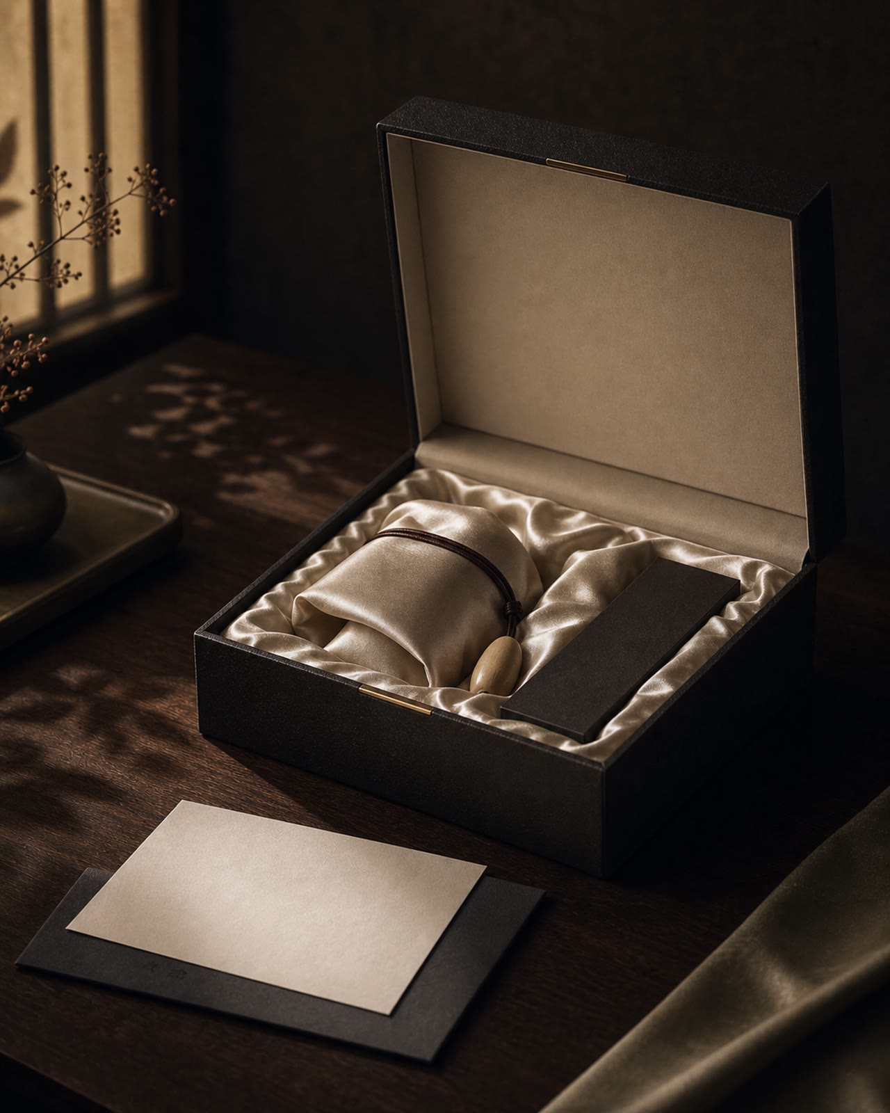 A restrained private presentation with silk, story card, and object note.