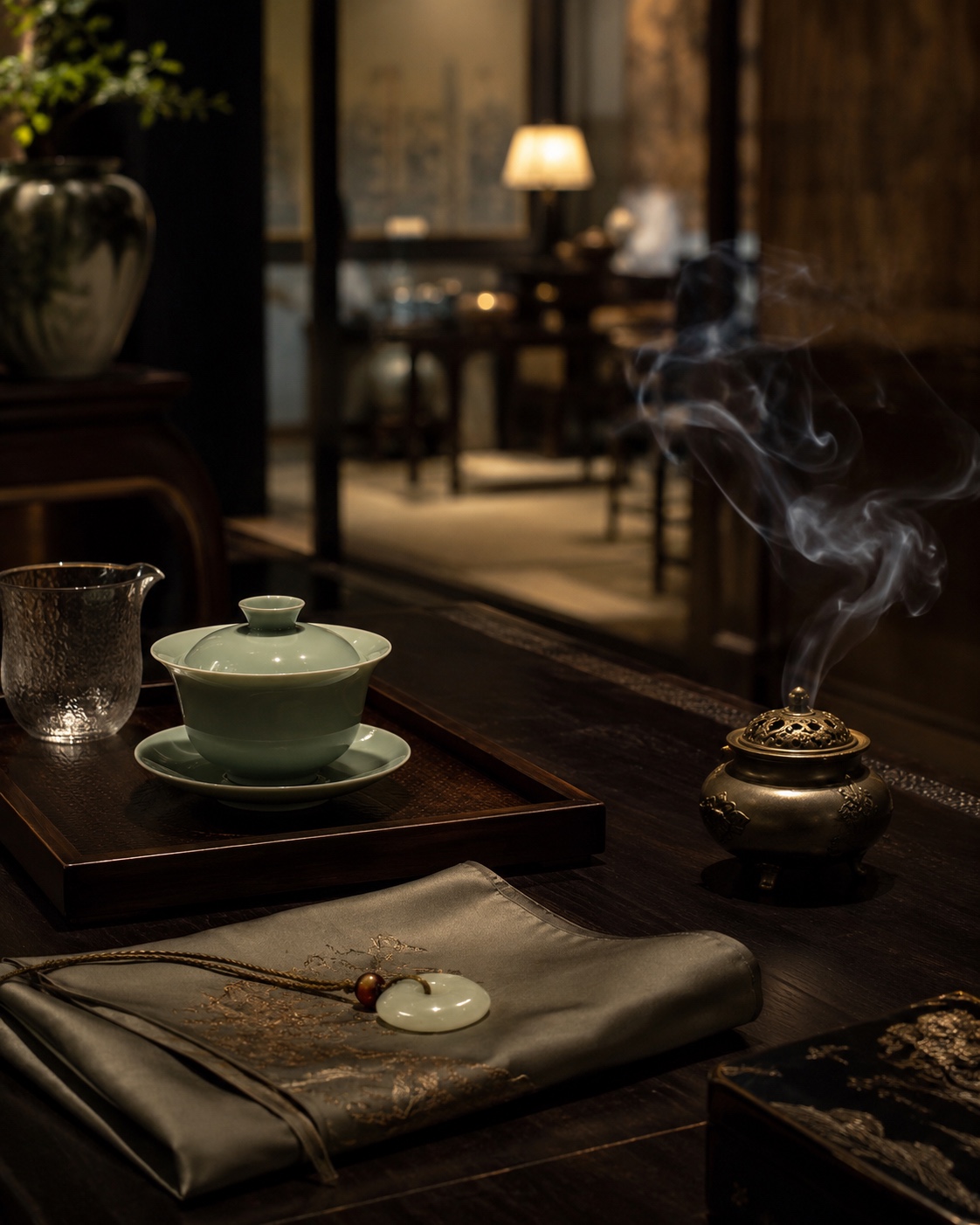 A private room with a refined vessel and object atmosphere.